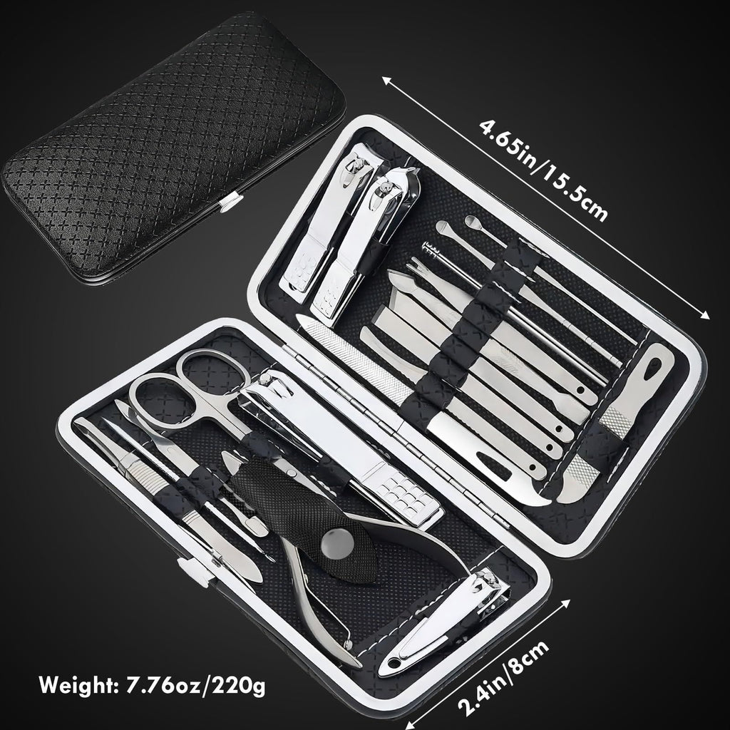 19 piece black nail care set stainless steel beauty set with plant printing bag, including scissors, tweezers, nail files