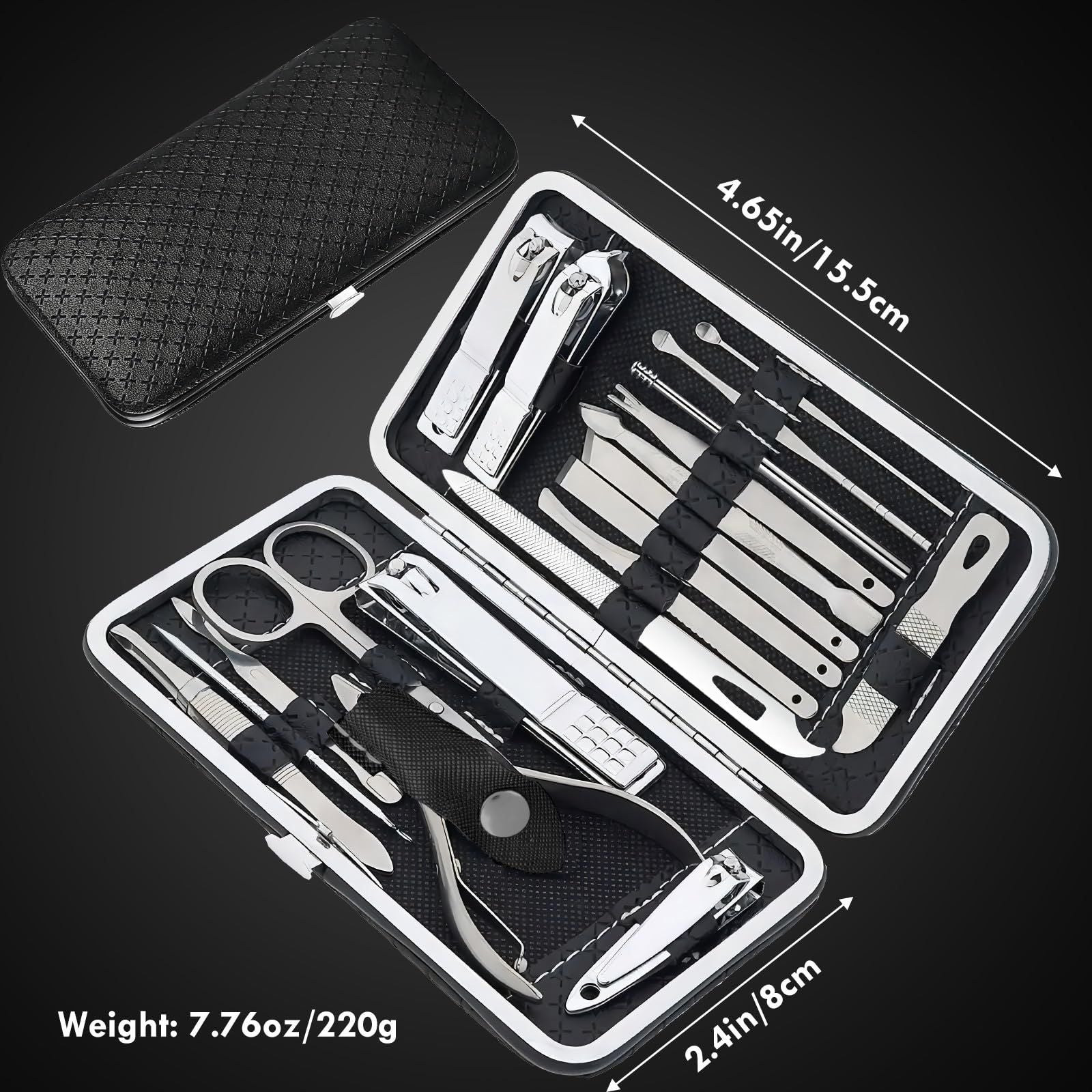 19 piece black nail care set stainless steel beauty set with plant printing bag, including scissors, tweezers, nail files