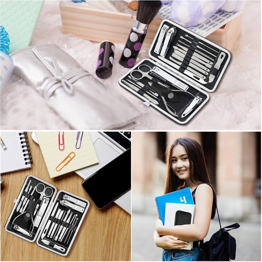 19 piece black nail care set stainless steel beauty set with plant printing bag, including scissors, tweezers, nail files