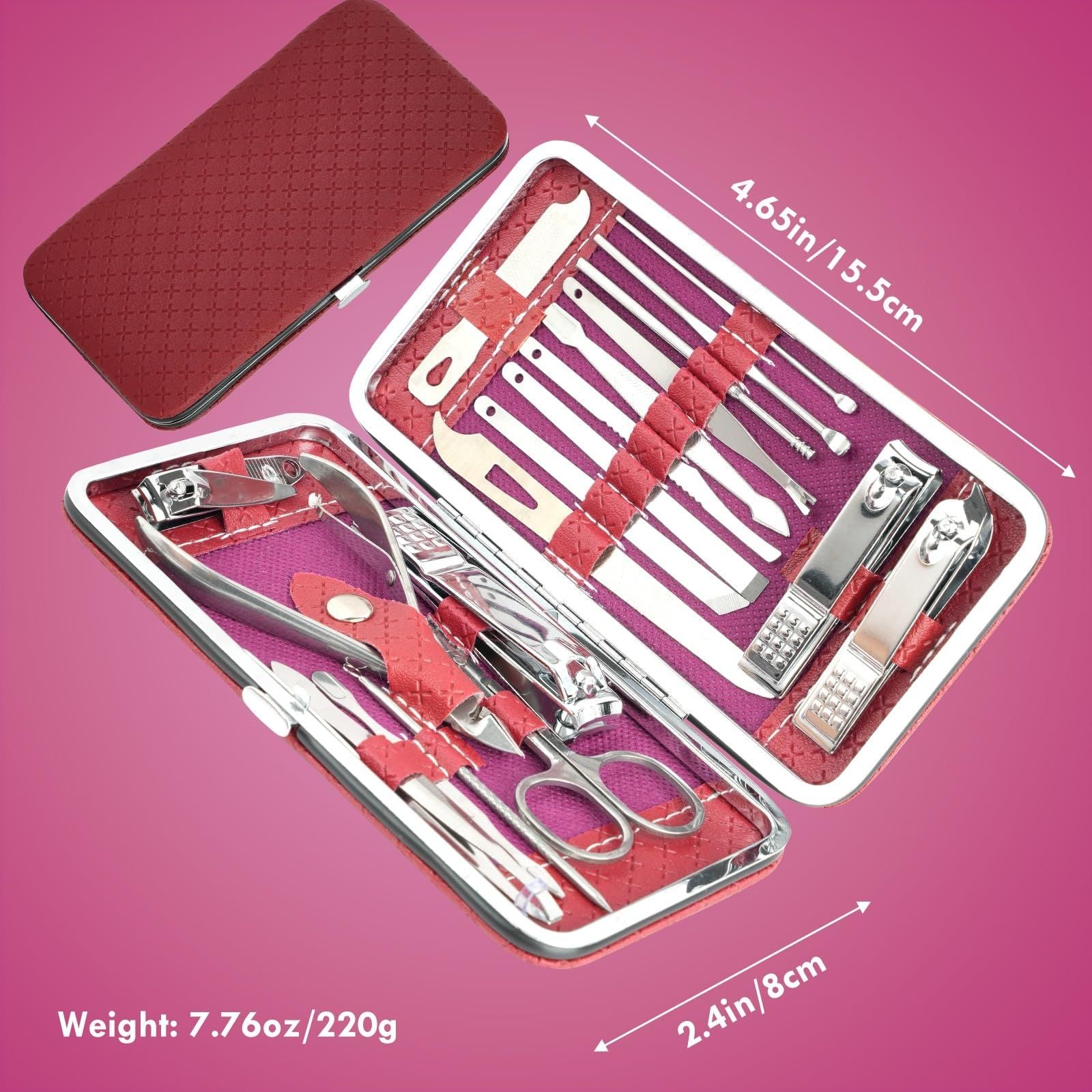 19 piece set of wine red nail care set stainless steel beauty set, with plant printing bag, including scissors, tweezers, nail files