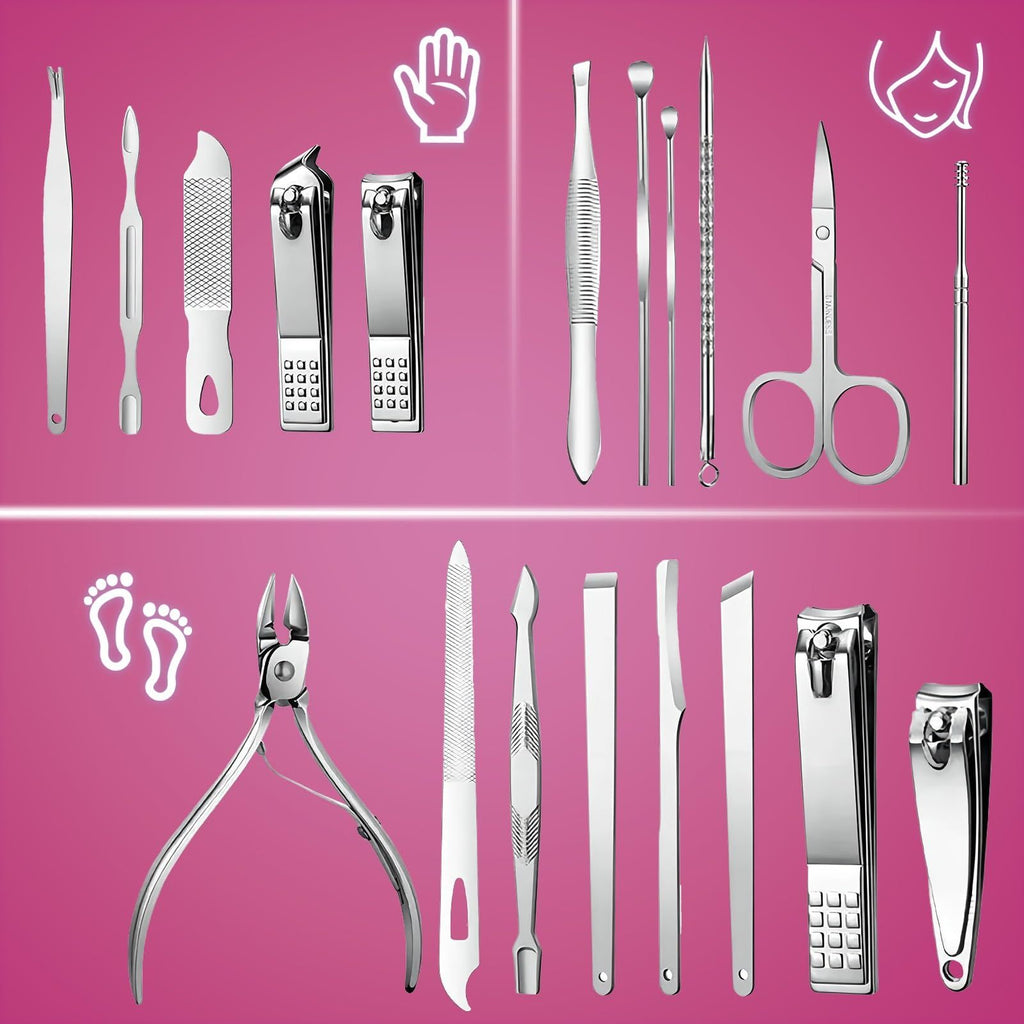 19 piece set of wine red nail care set stainless steel beauty set, with plant printing bag, including scissors, tweezers, nail files