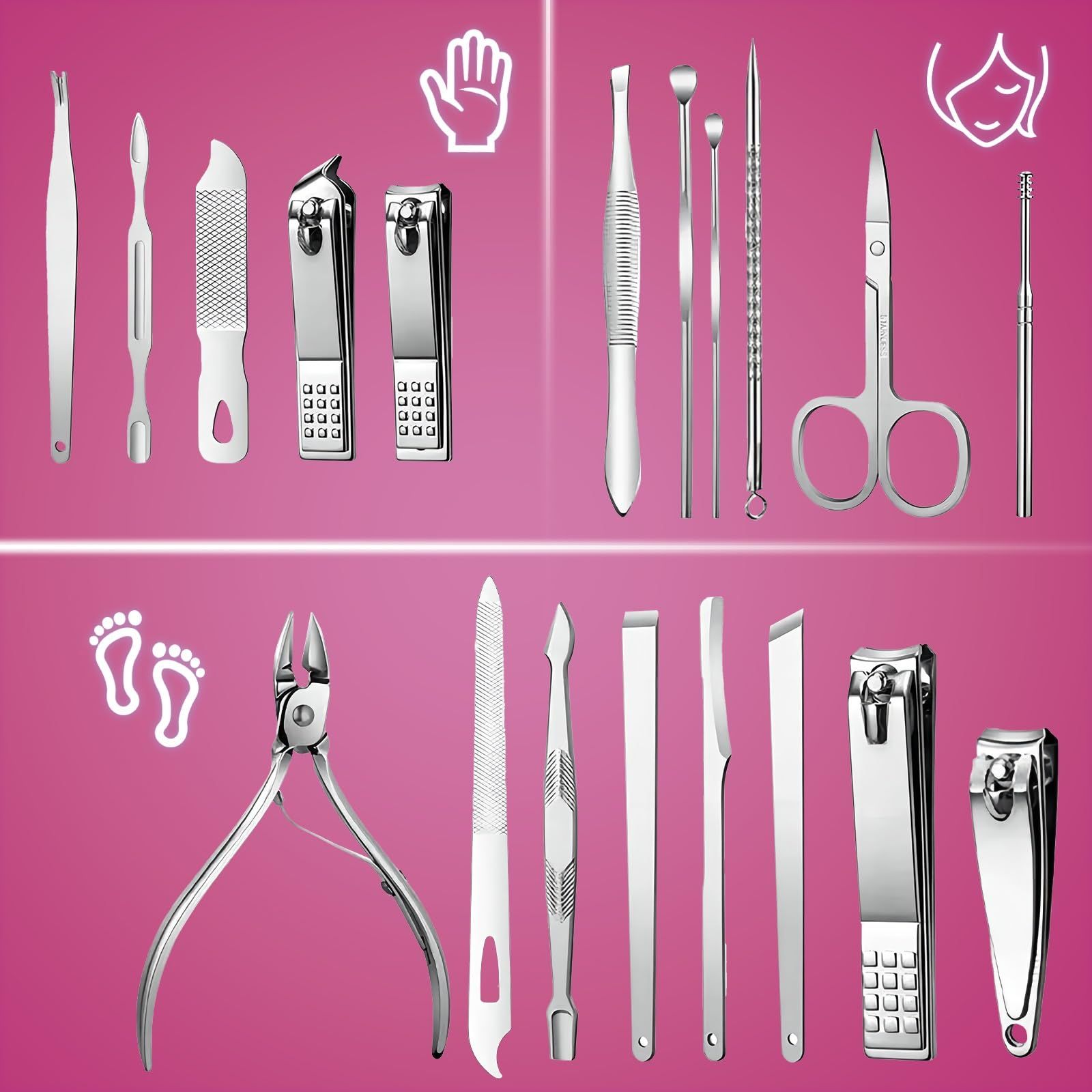 19 piece set of wine red nail care set stainless steel beauty set, with plant printing bag, including scissors, tweezers, nail files