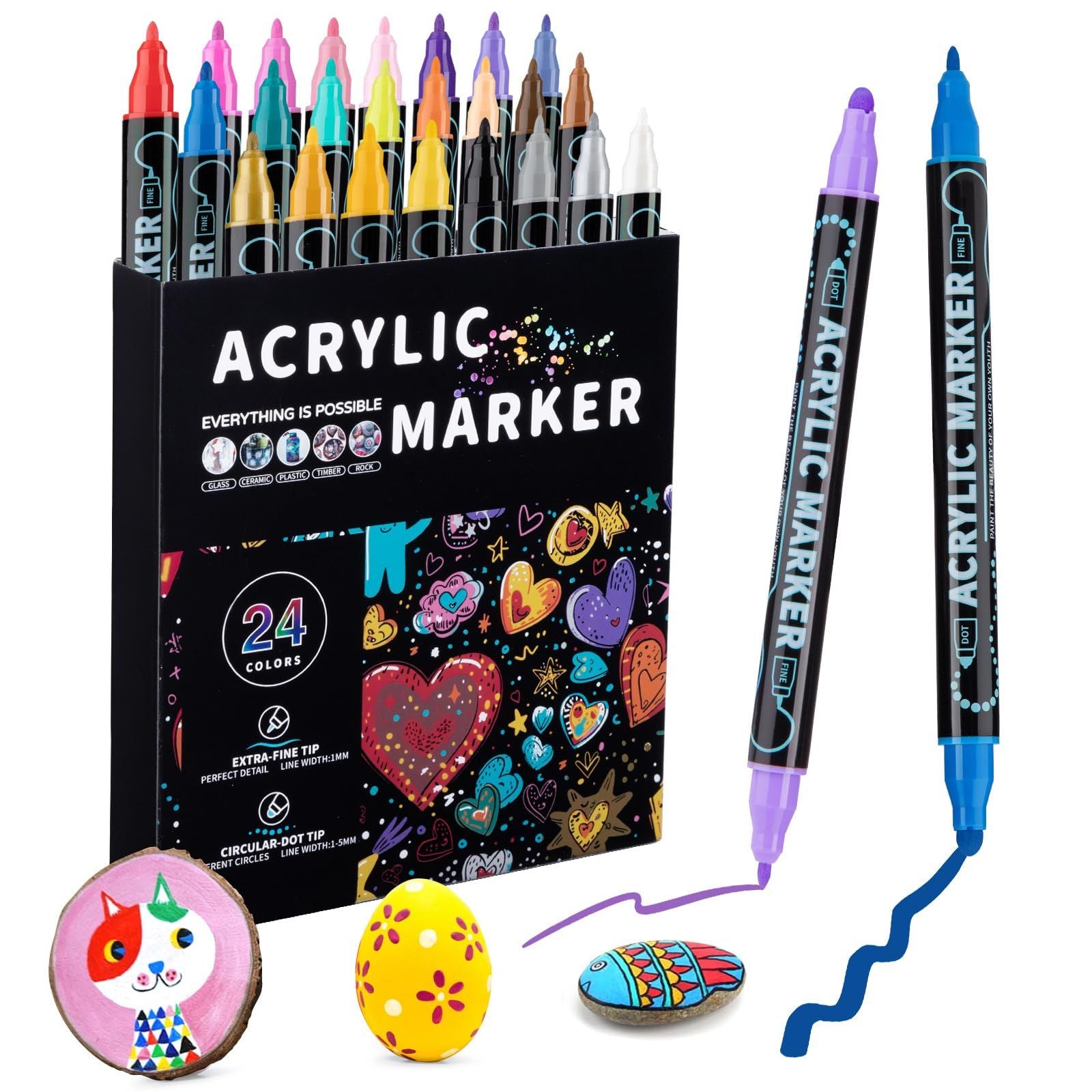 24 color acrylic paint markings, double pointed, with 1mm ultra-fine and 1-5mm point tips, waterproof, non-toxic, suitable for rocks, glass, ceramics
