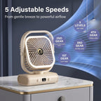 White USB Desk Fan with 2400mAh Rechargeable Battery, 5 Speeds Quiet Table Fan, 90° Oscillation, Small Desktop Fan with Night Light