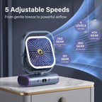 Grey USB Desk Fan with 2400mAh Rechargeable Battery, 5 Speeds Quiet Table Fan, 90° Oscillation, Small Desktop Fan with Night Light