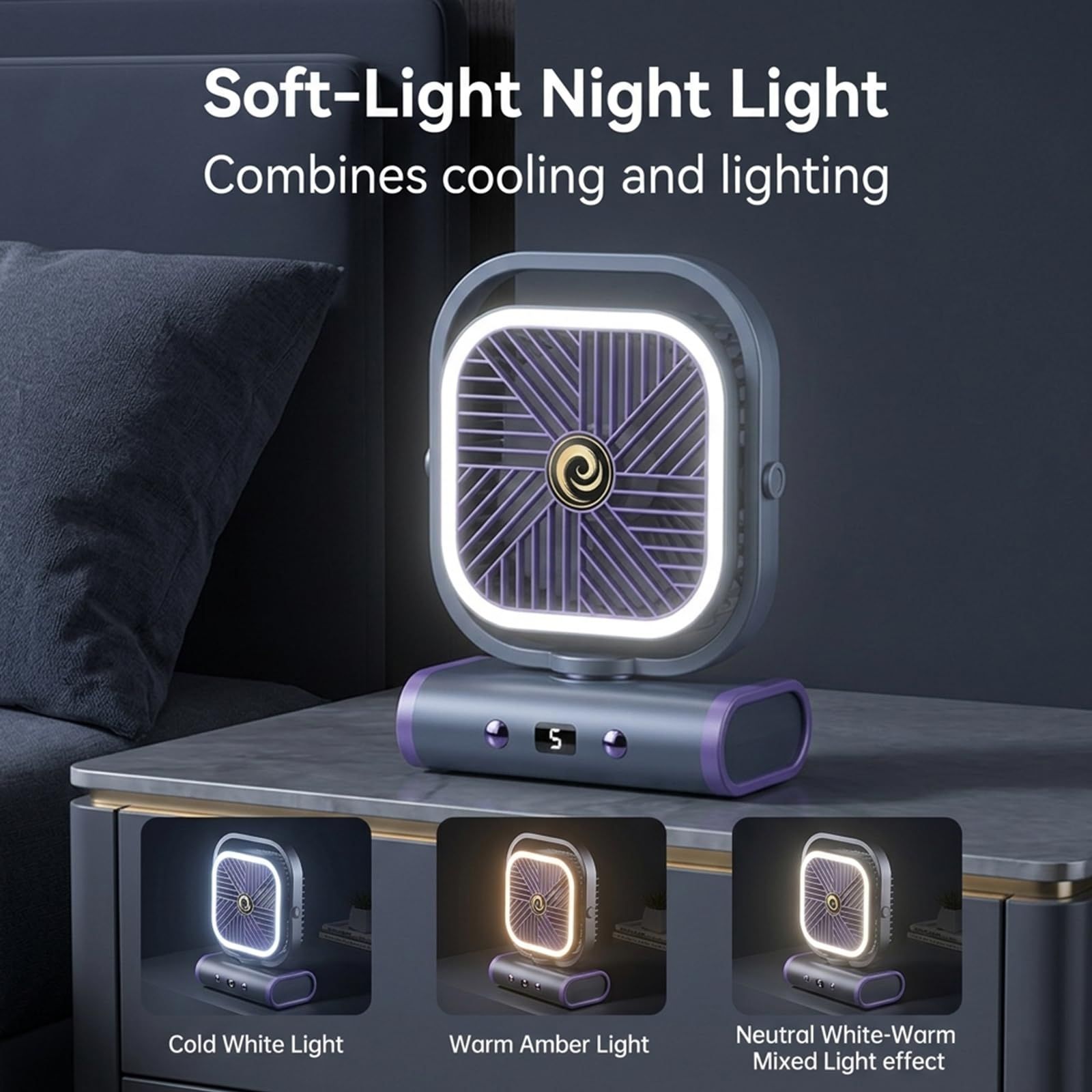 Grey USB Desk Fan with 2400mAh Rechargeable Battery, 5 Speeds Quiet Table Fan, 90° Oscillation, Small Desktop Fan with Night Light