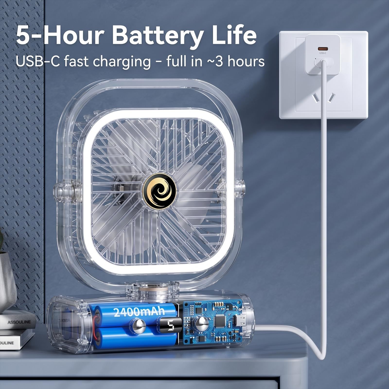 Grey USB Desk Fan with 2400mAh Rechargeable Battery, 5 Speeds Quiet Table Fan, 90° Oscillation, Small Desktop Fan with Night Light