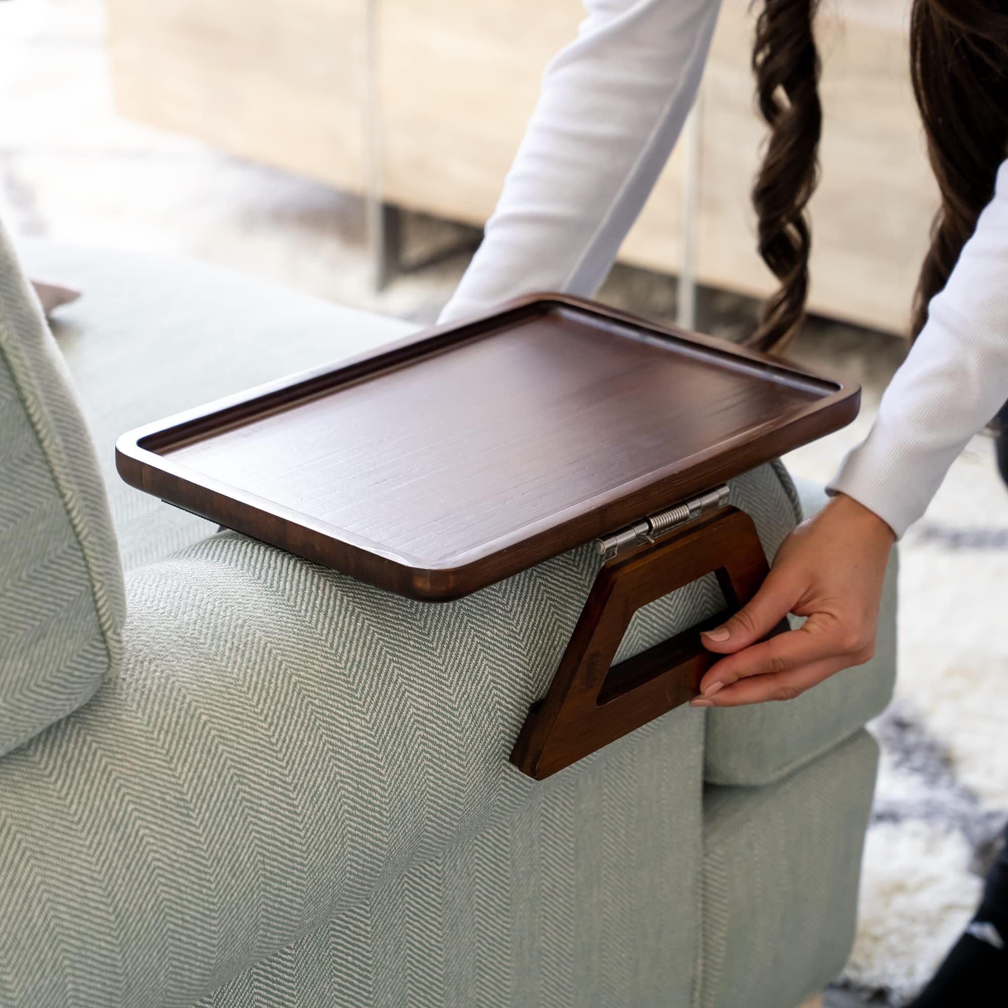 Bamboo Sofa Arm Tray Table, Clip-On Couch Armrest Table for Recliners and Armchairs, TV Dinner, Drink, Snack and Remote Holder, Natural Round, 9.8 Inch