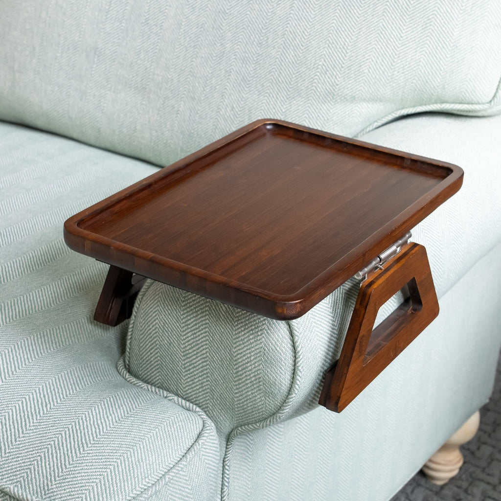 Bamboo Sofa Arm Tray Table, Clip-On Couch Armrest Table for Recliners and Armchairs, TV Dinner, Drink, Snack and Remote Holder, Black Rectangular, 13 x 9.4 Inch
