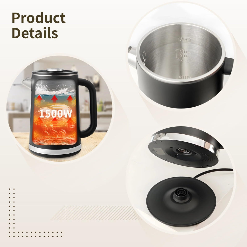 Black electric kettle, 1.7L stainless steel kettle, 1500W rapid heating, with LED display, adjustable temperature, double-walled anti-scalding design, automatic power-off.