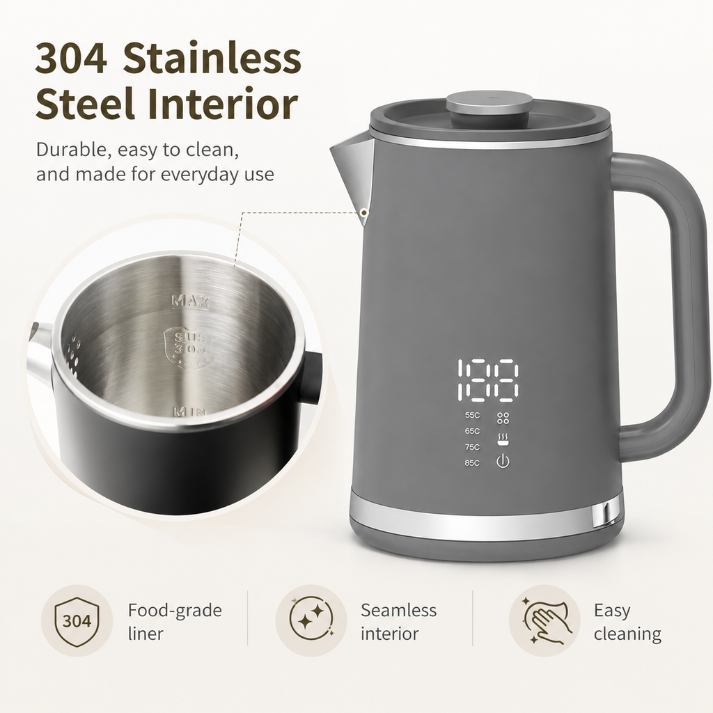 Gray electric kettle, 1.7L stainless steel kettle, 1500W rapid heating, with LED display, adjustable temperature, double-walled anti-scalding design, automatic power-off function, black.