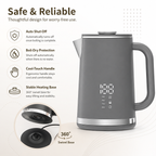 Gray electric kettle, 1.7L stainless steel kettle, 1500W rapid heating, with LED display, adjustable temperature, double-walled anti-scalding design, automatic power-off function, black.