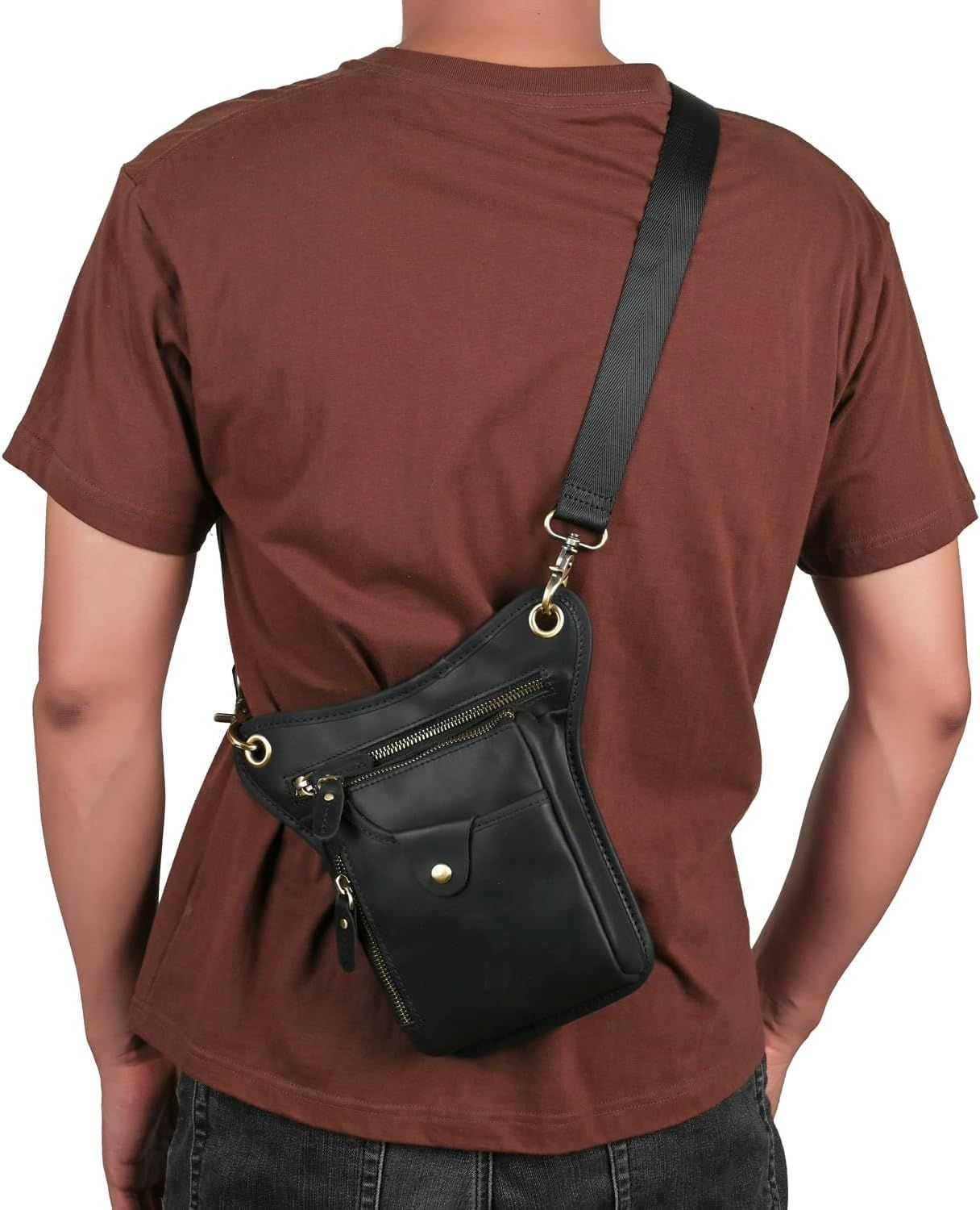 Black men's Genuine Leather Outdoor Sporting Hiking Waist Hip Pack Messenger Shoulder Drop Leg Thigh Bag Pouches