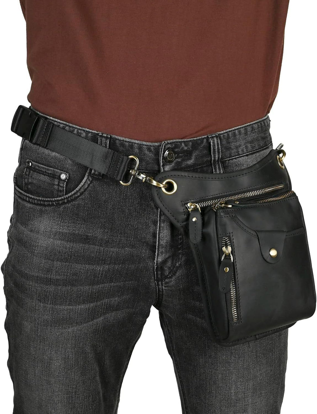 Black men's Genuine Leather Outdoor Sporting Hiking Waist Hip Pack Messenger Shoulder Drop Leg Thigh Bag Pouches