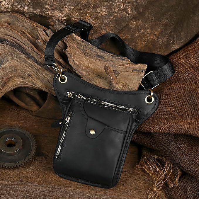 Black men's Genuine Leather Outdoor Sporting Hiking Waist Hip Pack Messenger Shoulder Drop Leg Thigh Bag Pouches