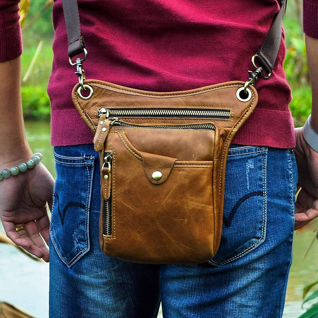 Light brown men's Genuine Leather Outdoor Sporting Hiking Waist Hip Pack Messenger Shoulder Drop Leg Thigh Bag Pouches