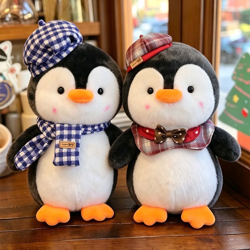 23cm Blue Grid Cute Penguin Plush Toy with Hat, Plush Animal Doll, Cute Penguin Toy, Christmas Gift, Birthday Gift, Home Decoration