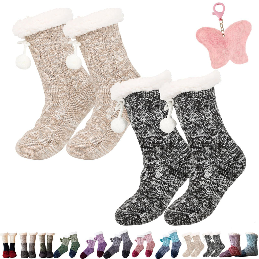 2-Pair Pack of Extra Thick Knitted Slippers and Socks for Winter, Fluffy Cashmere Warm Floor Socks, Non-Slip Comfortable and Warm Indoor Socks, Unisex (Mixed Black + Mixed White)