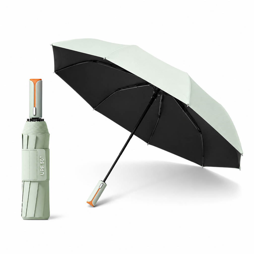 Light green automatic travel umbrella with 60 ribs, large double-layered windproof and rainproof umbrella, portable folding sun umbrella, outdoor rain and sun protection.