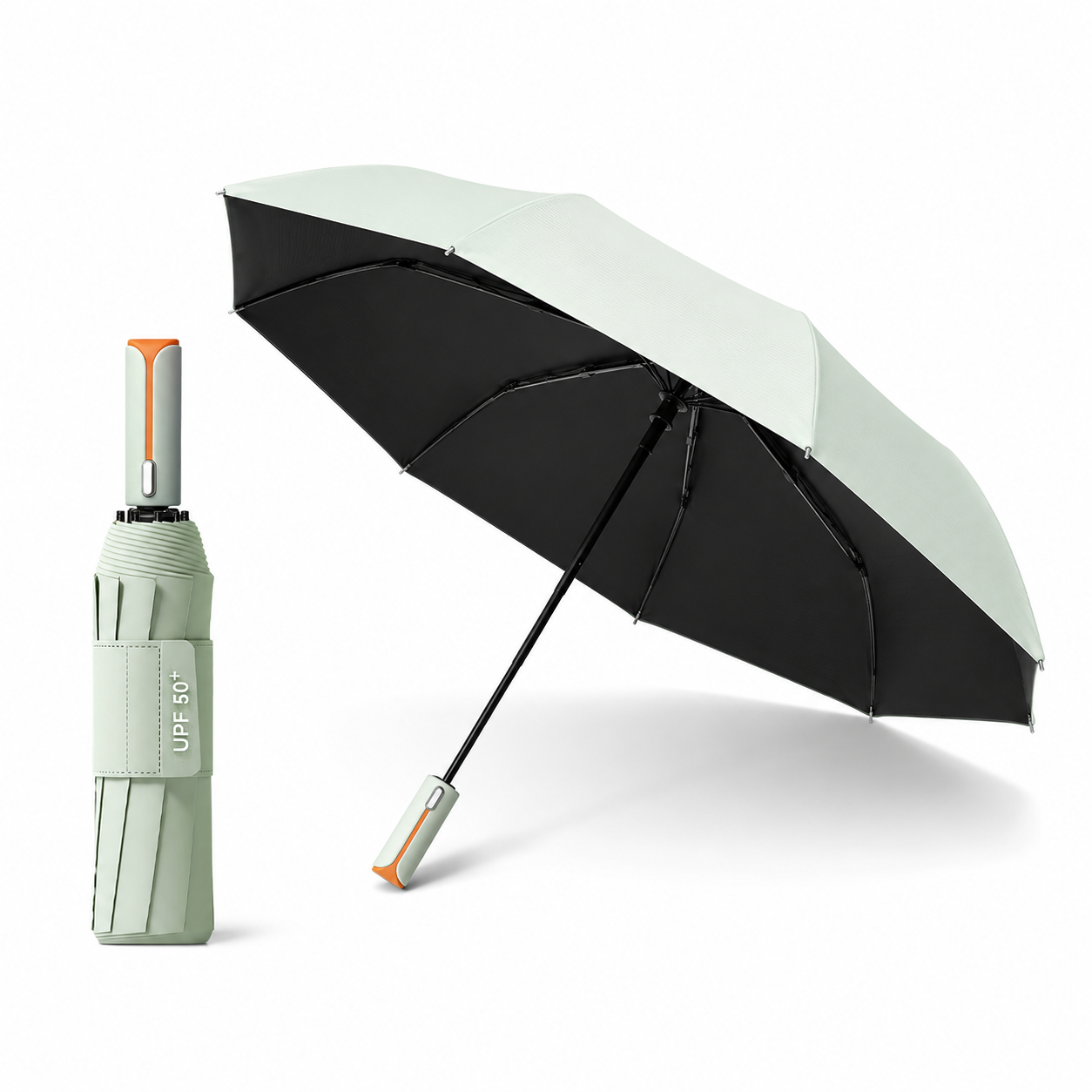 Light green automatic travel umbrella with 60 ribs, large double-layered windproof and rainproof umbrella, portable folding sun umbrella, outdoor rain and sun protection.