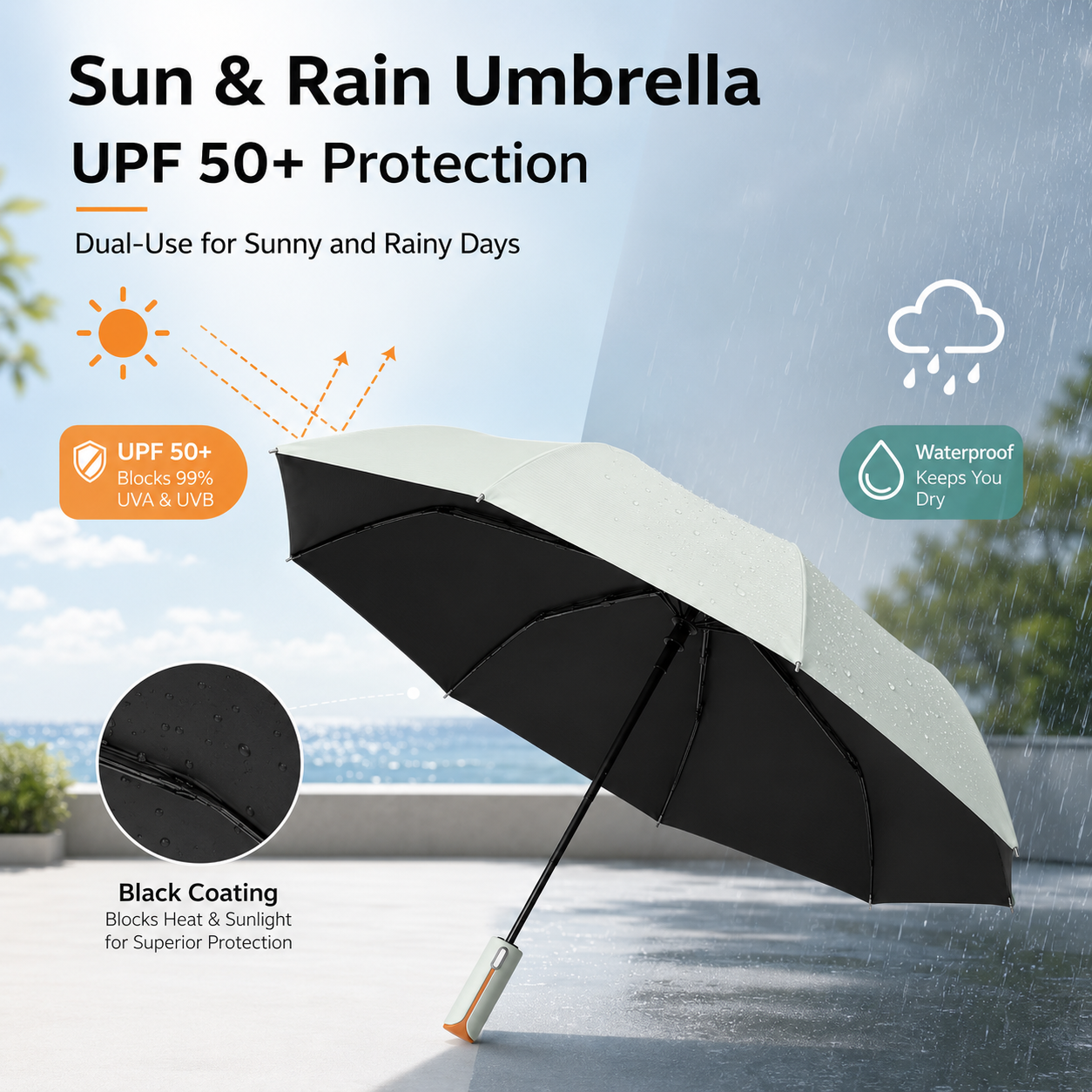 Gray automatic travel umbrella with 60 ribs, large double-layered weatherproof umbrella, portable folding sun umbrella, outdoor rain and sun protection.