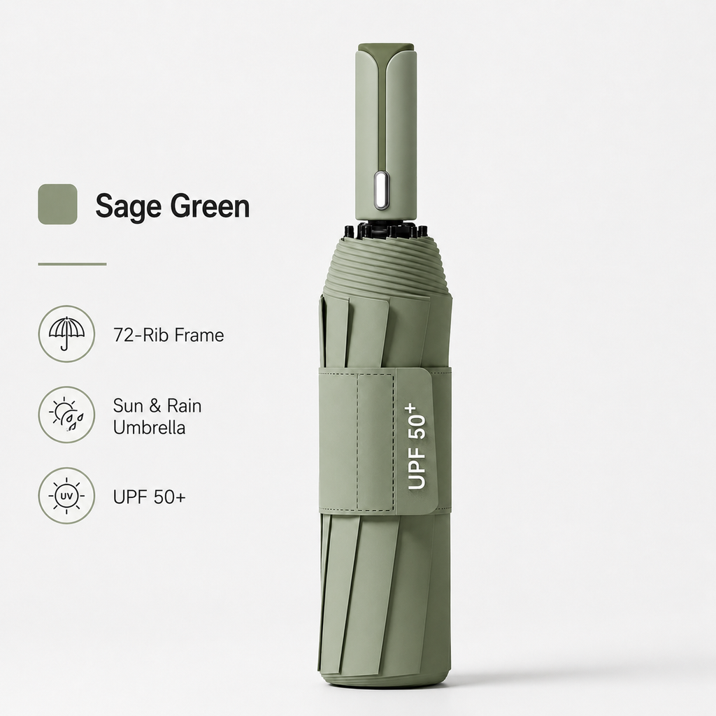 Dark green automatic travel umbrella with 72 ribs, large double-layered windproof and rainproof umbrella, portable folding sun umbrella, outdoor rain and sun protection.