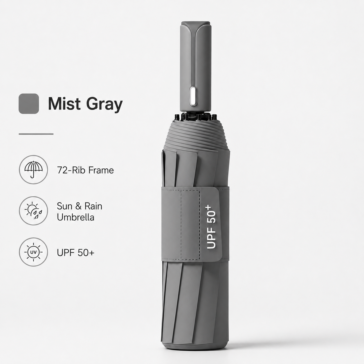 Gray automatic travel umbrella with 72 ribs, large double-layered weatherproof umbrella, portable folding sun umbrella, outdoor rain and sun protection.