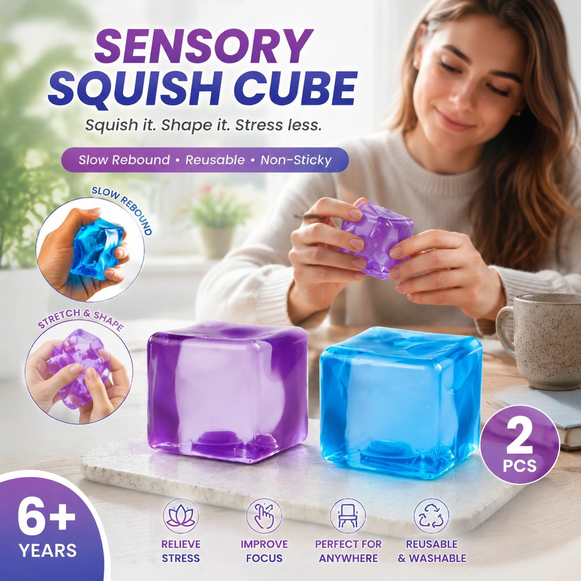 Mixed Purple & Blue Ice Cube Squishy 5cm 2 Pack, Cool Muted Unwind Toy Set