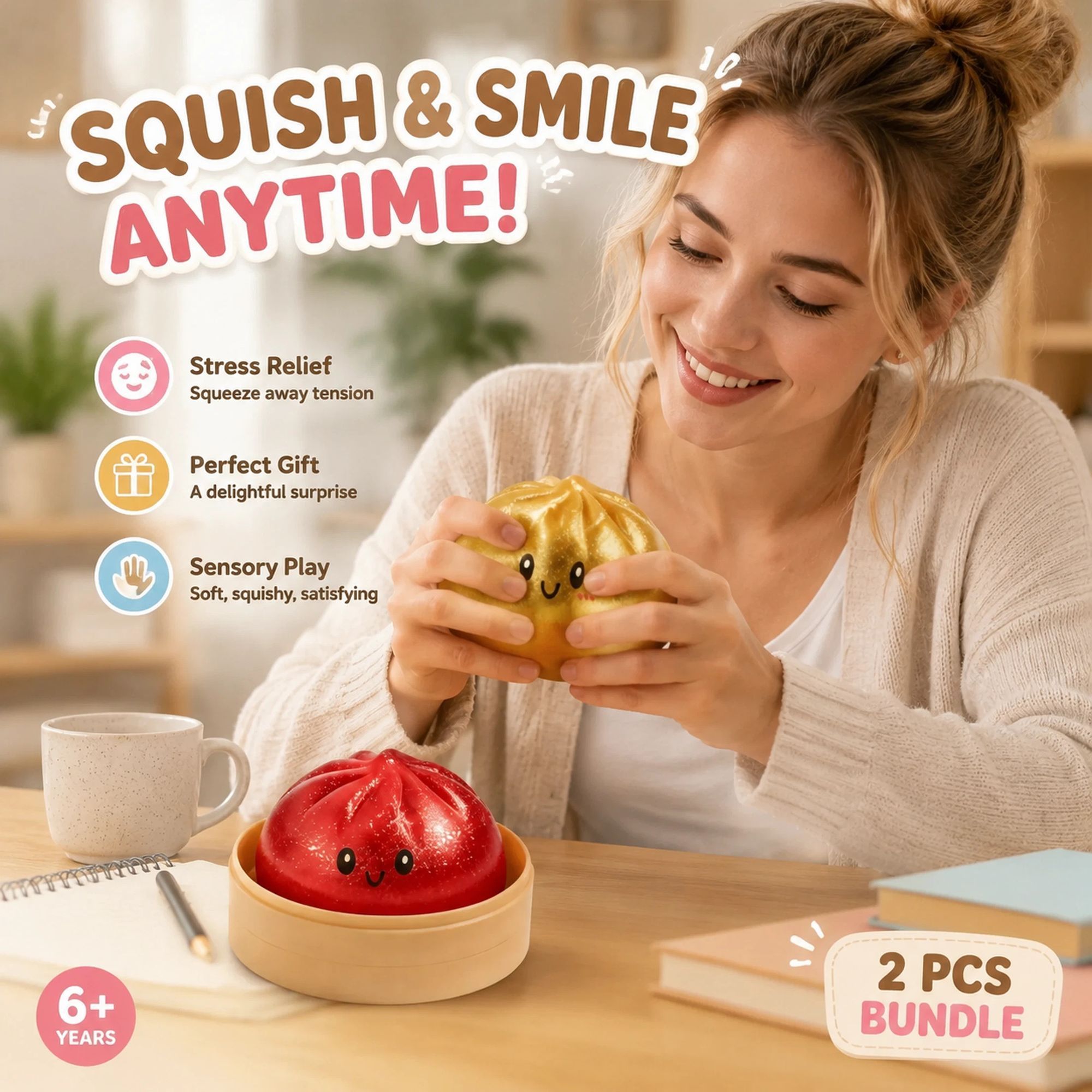 Stress Relief Duo Glitter Salmon Pink & Glitter Gold Bun Squishy 2 Pack, Sunny Birthday Pair