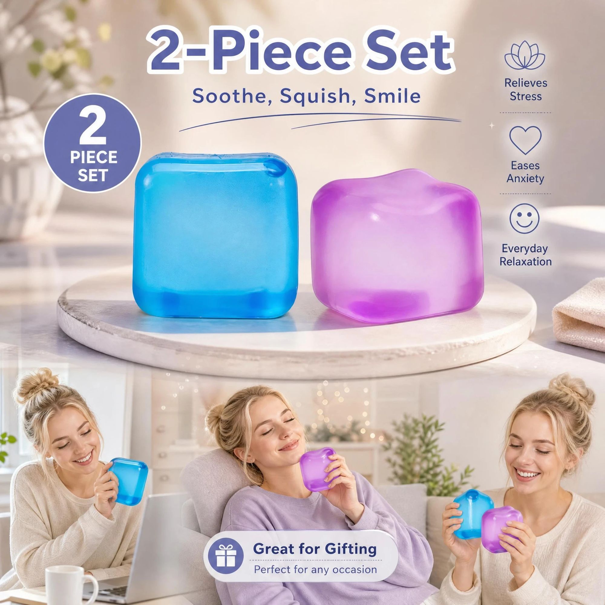 2 Pack Blue & Purple Ice Cube Squishy Mix, Dual Tones For Mood Adjustment, Stress Pair