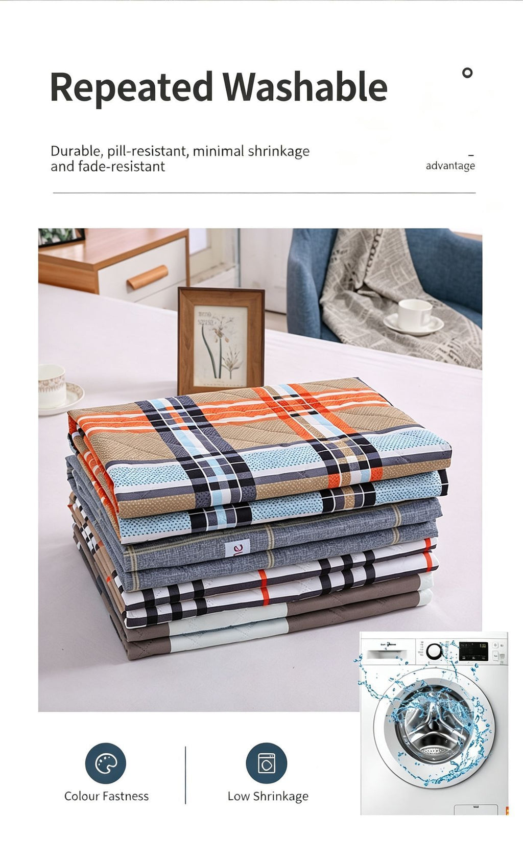 Senior Care Waterproof Bed Pad 100x150cm, Super Absorbent 4-Layer, Anti-Slip, Mini White Plaid, Minimalist Simple Look