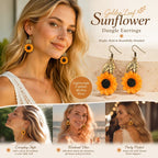 Delicate Fruit Dangle Earrings, Sunflower Design With Golden Leaves, Pair Pack