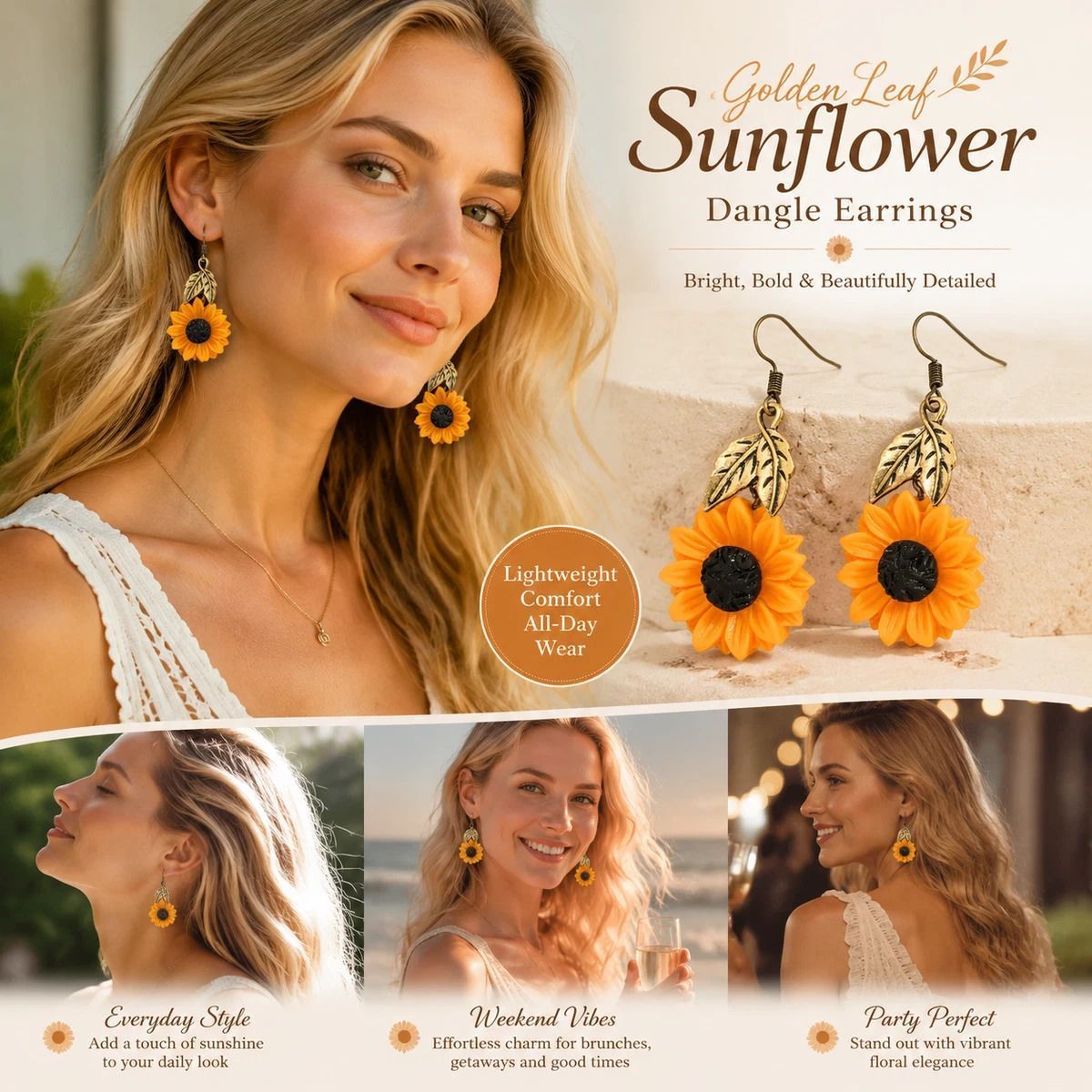 Delicate Fruit Dangle Earrings, Sunflower Design With Golden Leaves, Pair Pack