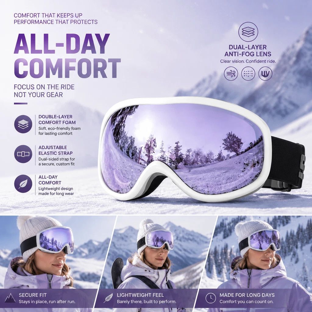 Ideal Practical Ski Gear Gift, Ventilated Anti-Reflection Ski Goggles For All-Day Outdoor Use, White Frame Purple Lens