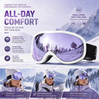 Ideal Practical Ski Gear Gift, Ventilated Anti-Reflection Ski Goggles For All-Day Outdoor Use, White Frame Purple Lens