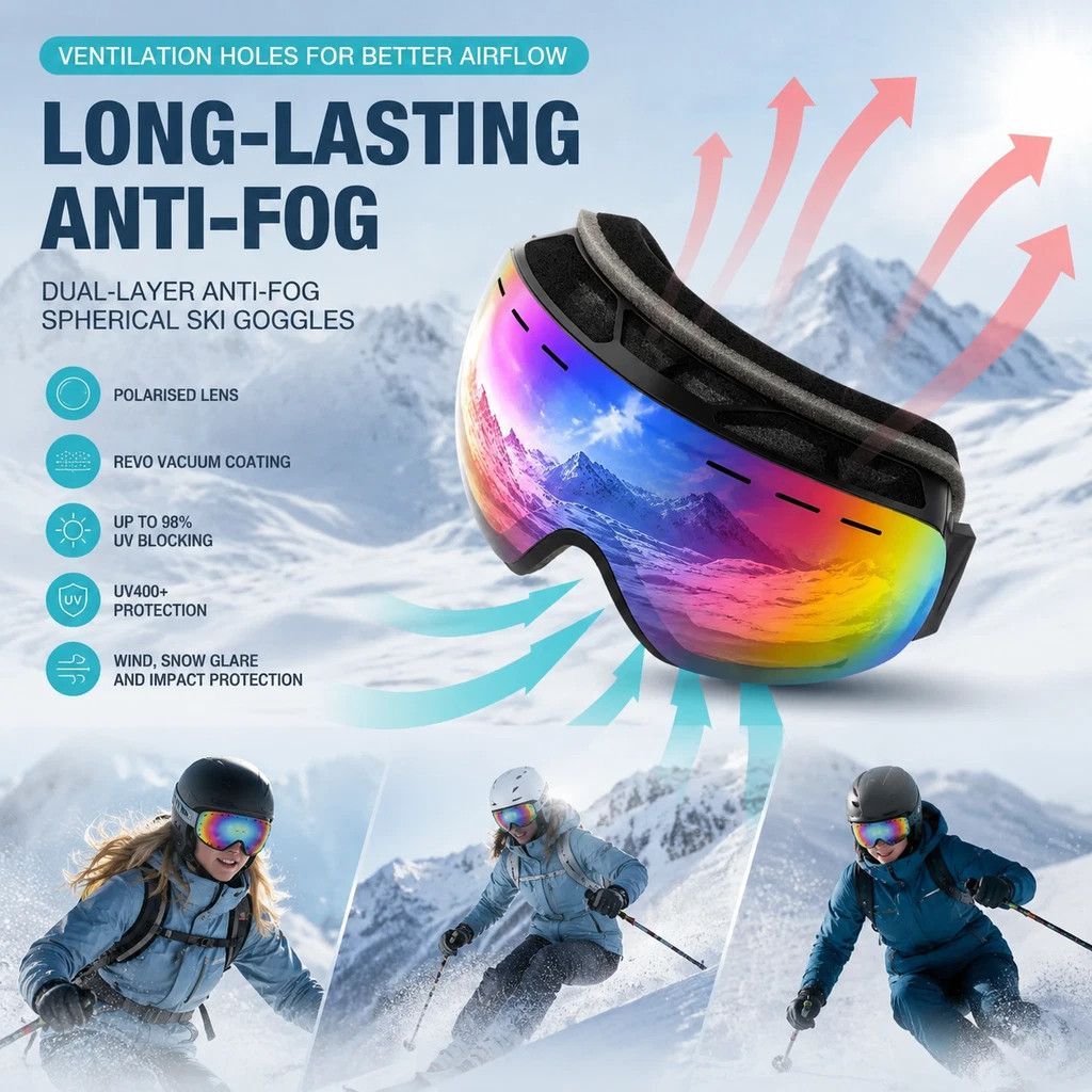 Thoughtful Gift UV400 Anti-Fog Ski Goggles, Fluorescent Green Frame, Blue Lens + Green Strap