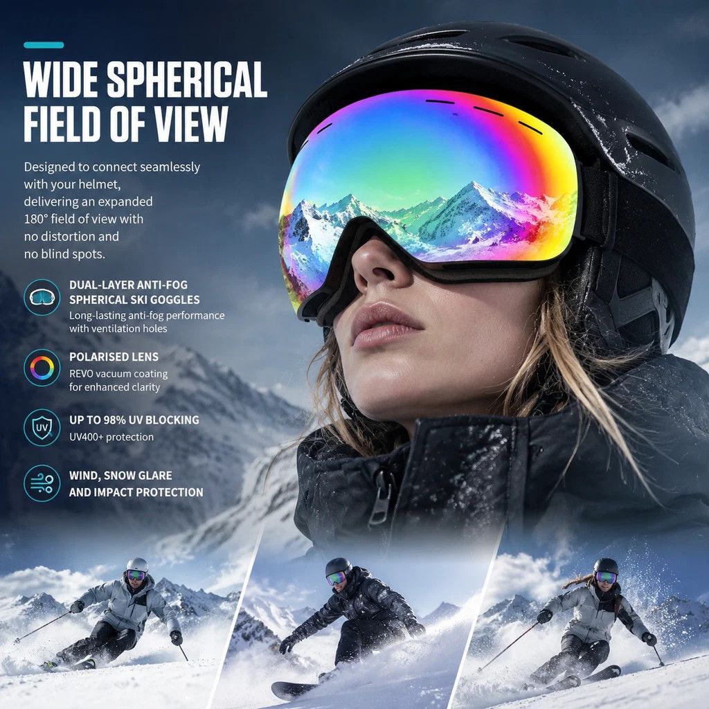 Thoughtful Gift UV400 Anti-Fog Ski Goggles, Fluorescent Green Frame, Blue Lens + Green Strap