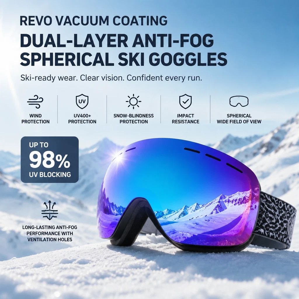 Heartwarming Windproof Ski Goggles, Black Frame, Dark Lens + Black-Red Strap