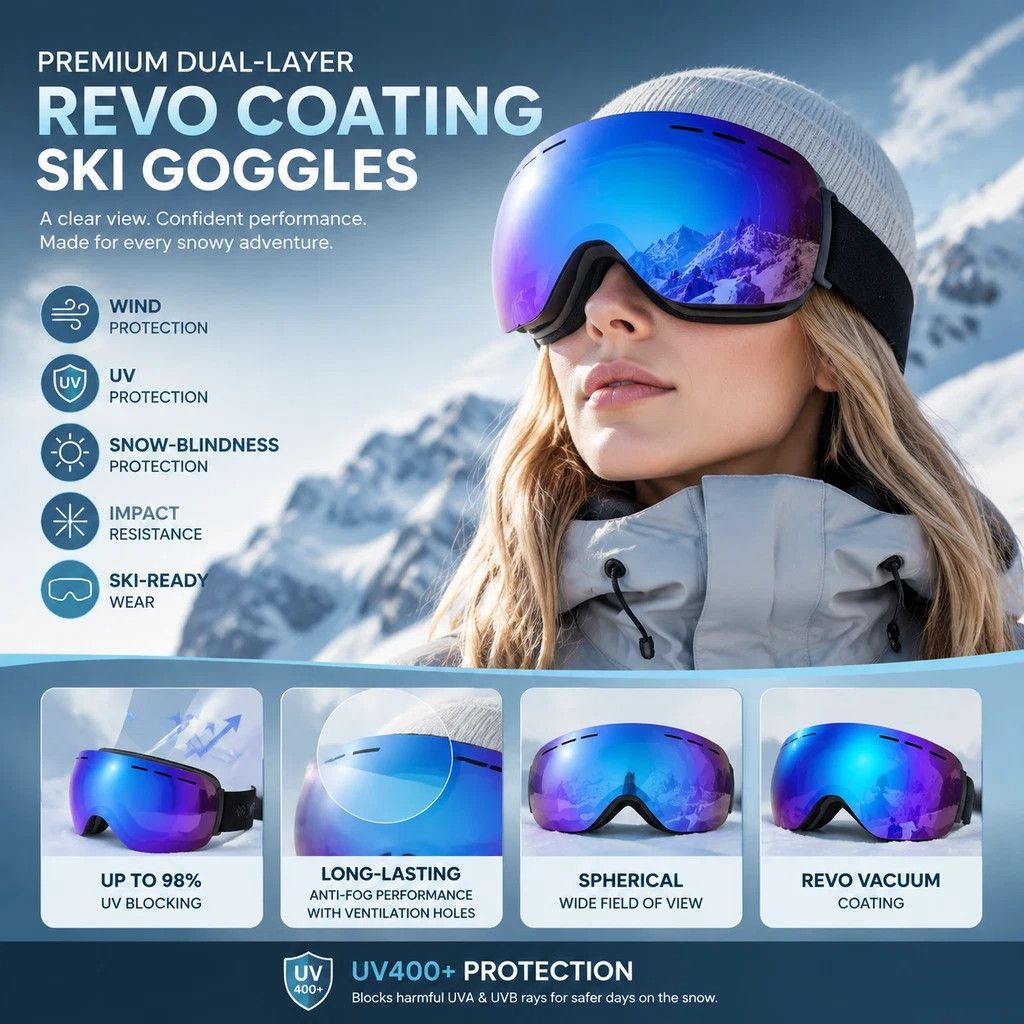 Ideal Winter Ski Gear UV400 Anti-Fog, Black Frame, Mercury Coating Lens + Black White Strap