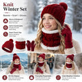Cosy Winter Ski Surprise Plush Lined Knit Hat 3 Set Burgundy, Thermal Accessory For All Ski Activities
