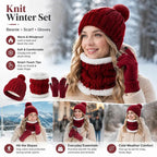 Cosy Winter Ski Surprise Plush Lined Knit Hat 3 Set Burgundy, Thermal Accessory For All Ski Activities