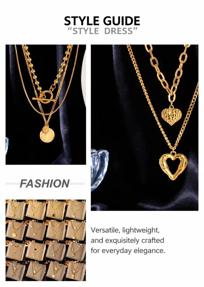 Chic Retro Two Layer Stackable Necklace, Understated Premium Gold Dipped Stainless Steel Pendant
