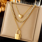 Graceful Vintage Dual Chain Necklace, Unique Dainty Gold Plated Stainless Steel Neck Ornament