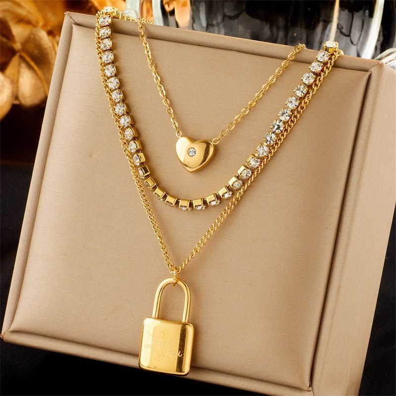 Graceful Vintage Dual Chain Necklace, Unique Dainty Gold Plated Stainless Steel Neck Ornament