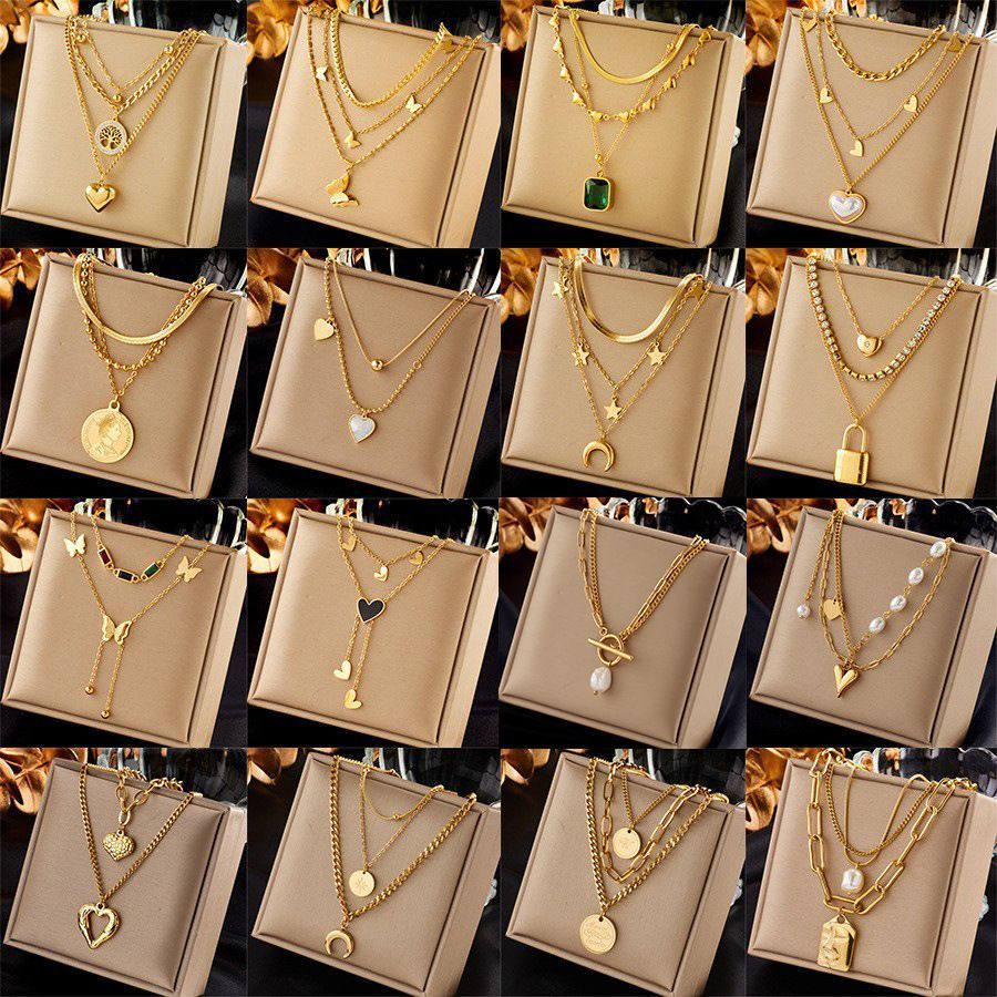 Antique Style Retro Layered Necklace, Light Luxury Gold Coated Stainless Steel All-Match Jewellery