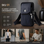 Sleek Leather Belt Phone Pouch, Business Casual Crossbody Shoulder Bag For Dads, Black