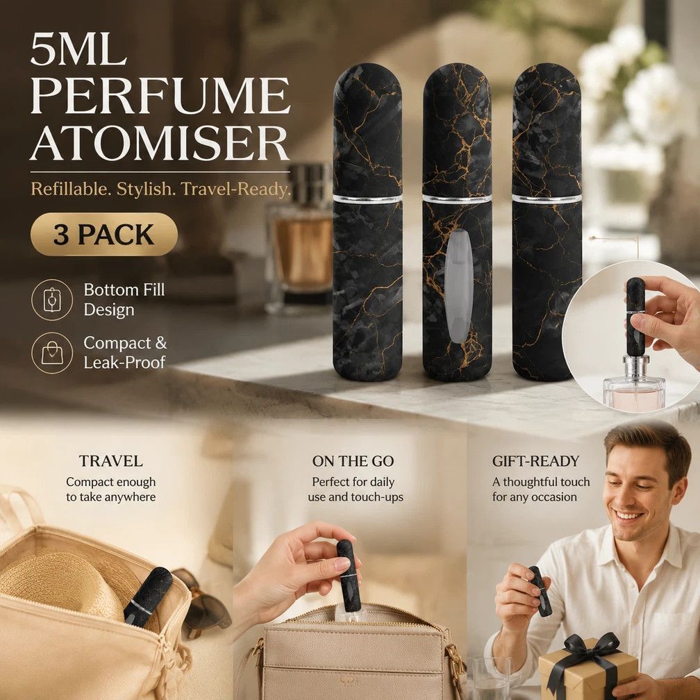 Luxe Patterned 5ml Portable Perfume Vial, Bottom Fill Mini Travel Fragrance Container 3 Pack, Solid Black