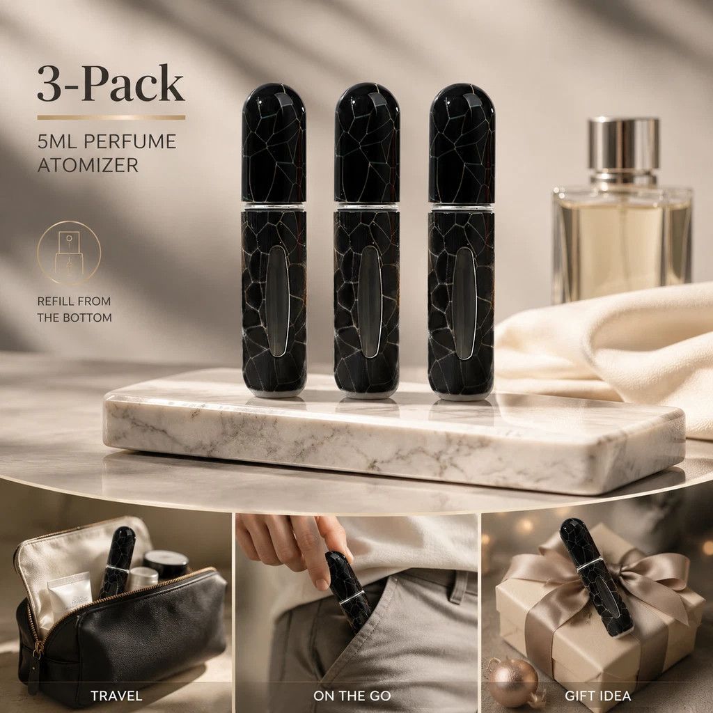 Matte Dark Crackle 5ml Mini Portable Scent Bottle, Bottom Refill Holiday Fragrance Container 3 Pack, Solid Black Crackle