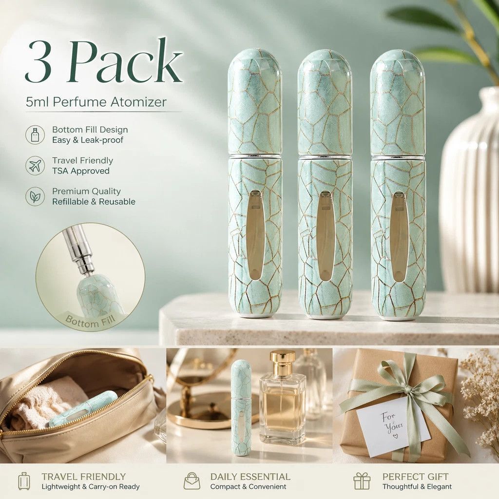 Fresh Mint Crackle Print 5ml Travel Refillable Perfume Vial, Bottom Fill Pocket Mini Fragrance Atomiser 3 Pack, Mint Green Crackle