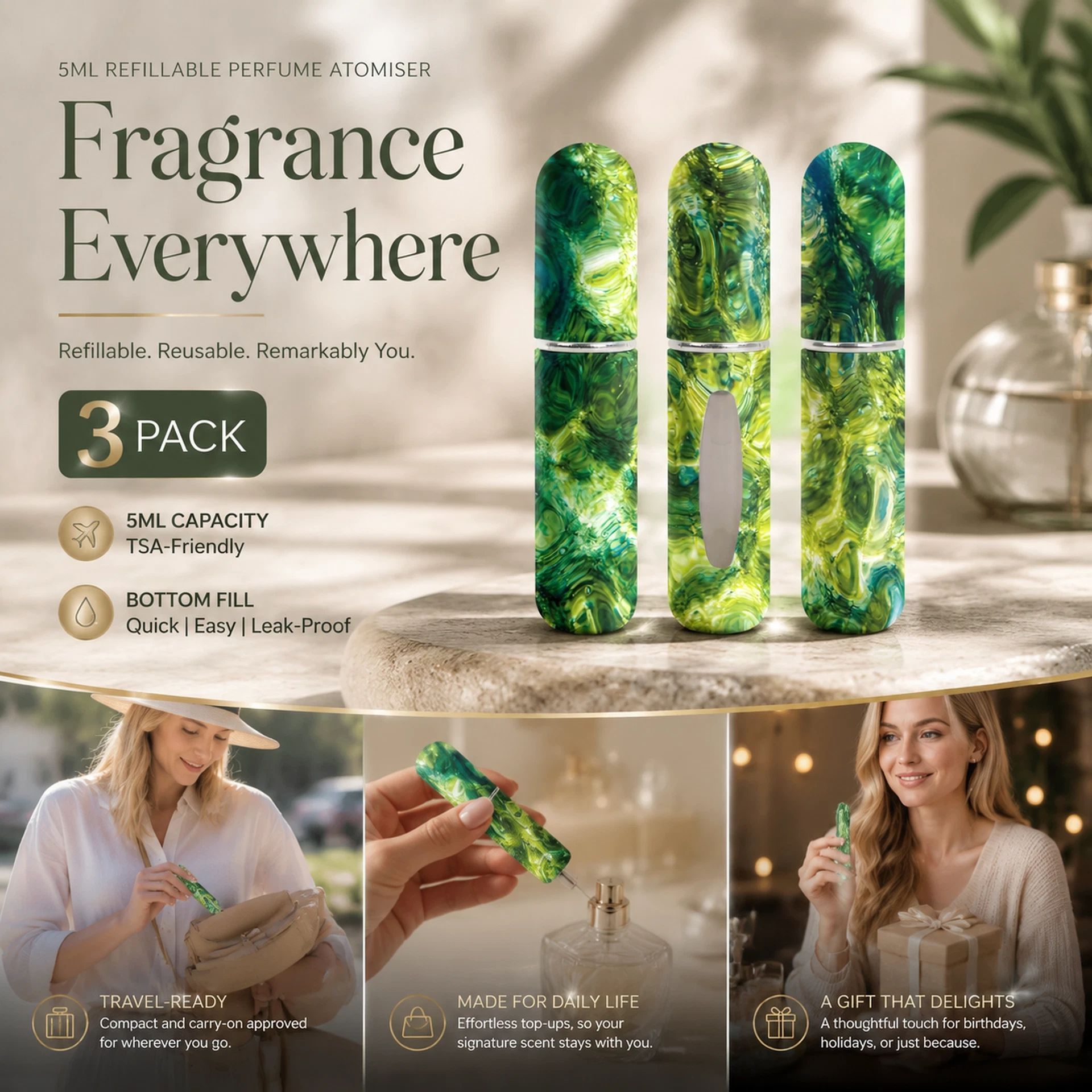 Bright Iridescent Green 5ml Bottom Load Scent Atomiser, Portable Holiday Mini Perfume Container 3 Pack, Iridescent Green
